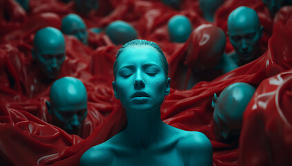 Obraz premium Stand out from the crowd concept with blonde woman standing out from large crowd of people, abstract mental health topic