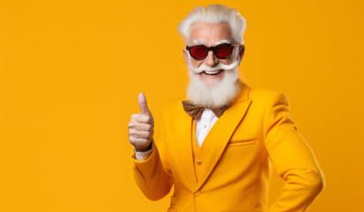 Portrait of super happy excited mature and young man in yellow jacket showing thumbs up, standing with arms spread wide in studio over yellow background - obrazy, fototapety, plakaty