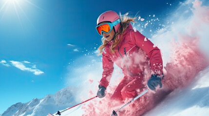 woman skier in a pink jacket is skiing at winter scenery