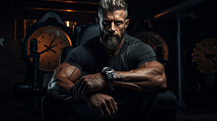 Fototapeta na wymiar Man bodybuilder in gym with his arms crossed.