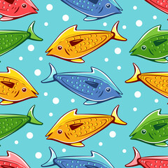 Vector pattern with colorful fish in doodle cartoon style.