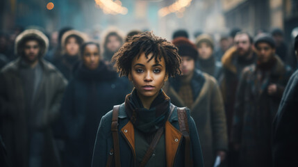 Obraz premium Strong Afro American confident business woman standing in front of crowd of people on a busy street