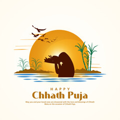 vector illustration of Chhath Puja traditional festival background. Indian Women doing prayer of sunrise and bathing in holy river in Bihar bengal - obrazy, fototapety, plakaty