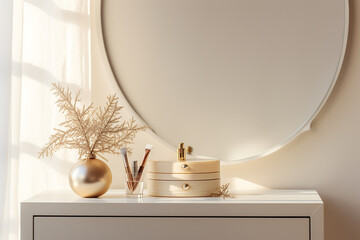 Empty modern, minimal beige dressing table, gold handle drawer storage, twig glass vase, round vanity mirror in cream wall bedroom in sunlight for luxury beauty, cosmetic, christmas deco,generative AI