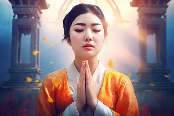 Girl praying in temple. Woman in praying pose with closed eyes. Generate ai