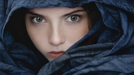 Studio portrait of a mysterious woman with piercing eyes wrapped in a blue cloak. Light complexion and perfect skin. - obrazy, fototapety, plakaty