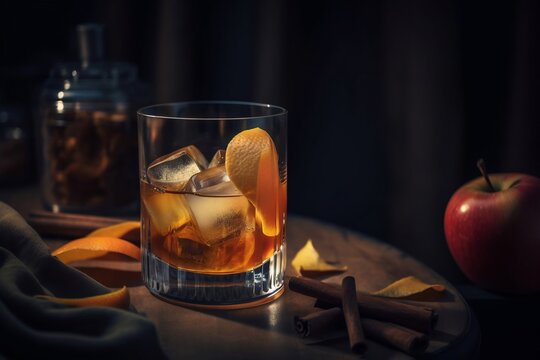 apple cider old fashioned alcohol cocktail, dark studio light, copy space, generative ai