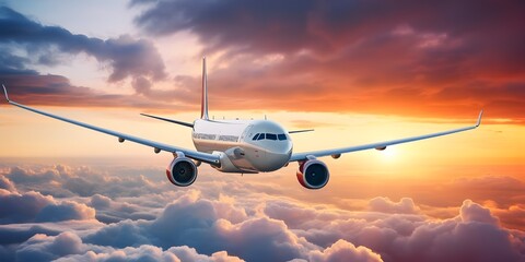 The long run evolution of aviation activity Commercial airplane flying over dramatic sunset Airplane in the sky at sunrise view of the wing and engine Ai Generative
 
 - obrazy, fototapety, plakaty
