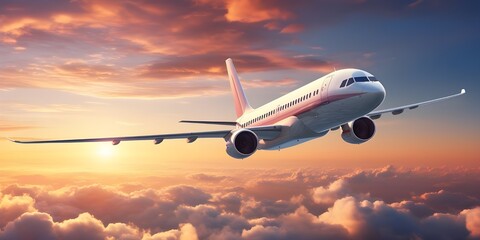 Commercial airplane jetliner golden Hour Departure Passenger Plane Takes Off A plane is taking off at sunset background with the sky Flying into the Sunset A Plane's Ascent Ai Generative

