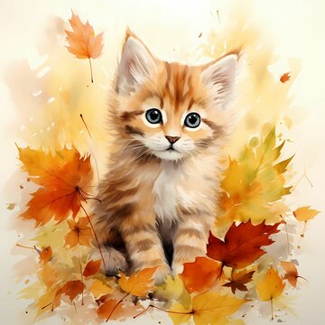 Autumn kitten and leaves, seasonal watercolor illustration.