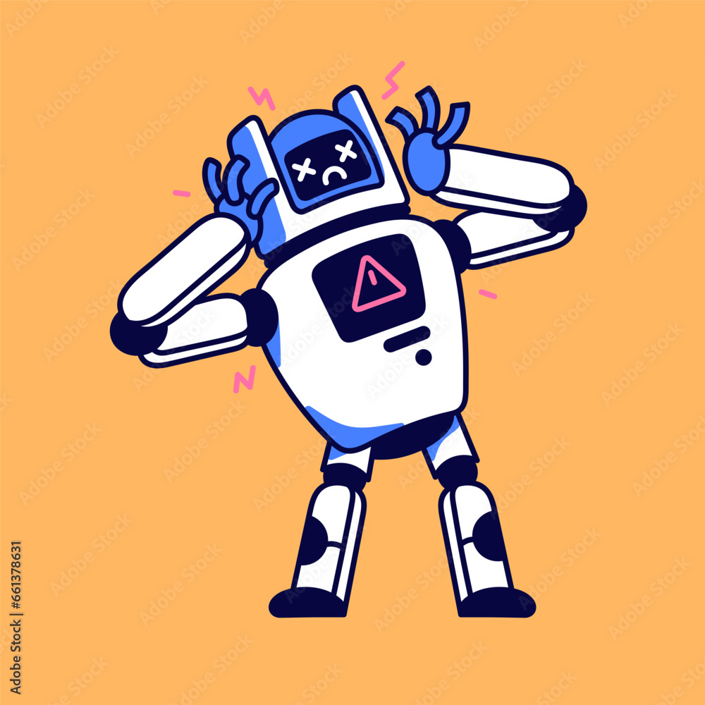 Poster sad broken robot with warning symbol. program bug, technical mistake, critical failure, online conne
