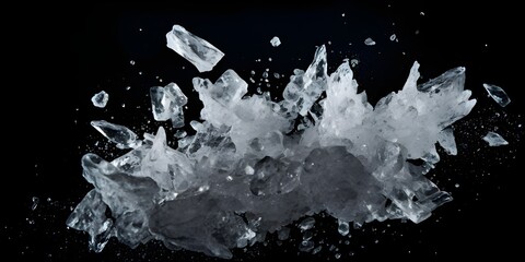 Shards of shiny glass and ice in flight isolate black background Sharp fragments of broken crystal stock photo with dark black background Ai Generative