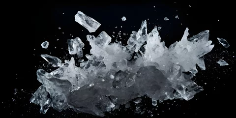 Fotobehang Shards of shiny glass and ice in flight isolate black background Sharp fragments of broken crystal stock photo with dark black background Ai Generative © Hafiz