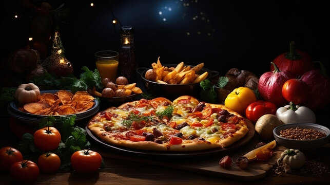 Top view of pizza wirh chicken and mushrooms served with sauce and vegetables salad. generative ai