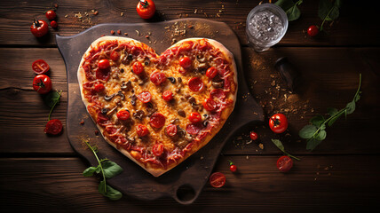 Heart shaped pizza with mozzarella and sausage. generative ai