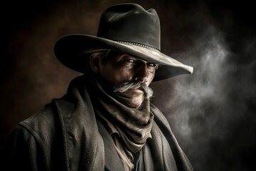 Gunfighter in dark coat and hat. Rude adventurer cowboy ready for hunting. Generate ai