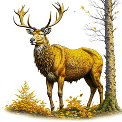 A stag is seen in front of slender trees, turning its head around to look toward the viewer, created with Generative AI technology