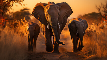 Elephants at sunset in Chobe National Park, Botswana, Africa. ia generated