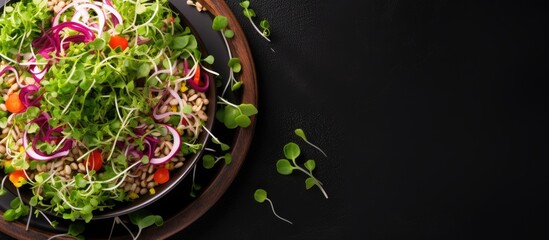 Top view of a bowl with sprouted grain and microgreen mixed salad With copyspace for text