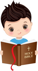 Vector Cute Little Boy Studying Bible