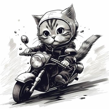 Illustration Of A Cat On Motorbike, Black And White Style.