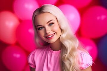 Obraz na płótnie Canvas Lady with pink balloons background. Studio woman event with party looking. Generate AI