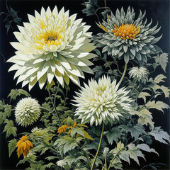 Chrysanthemum blossoms, dark background, created with Generative AI technology