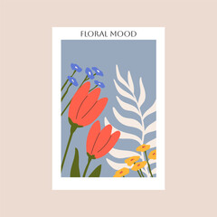 Tulips on floral card. Poster with abstract leaf, meadow plants. Botanical background with cornflower. Vertical postcard with flowers. Natural interior decoration, wall art. Flat vector illustration