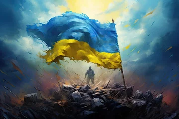 Papier Peint photo Lavable Blue nuit Soldier standing amidst ruins with a large blue and yellow Ukrainian flag waving against a stormy sky