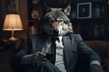 Anthromorphic stock market wolf in a suit holding a glass of drink in a dimly lit room - obrazy, fototapety, plakaty