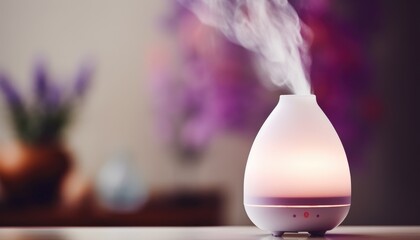 Essential oil diffuser releasing mist with a soft pinkish hue in a calm and serene setting with blurred lavender in the background