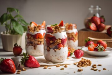 strawberry parfaits with fresh fruit, healthy breakfast with yogurt granola, copy space, generative ai