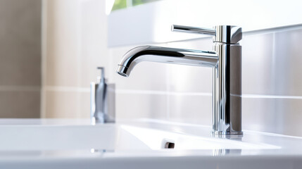 Faucet and sink in a bathroom, close up, modern style