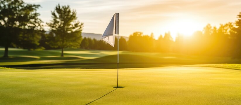 Sunset landscape with vertical golf flag on course With copyspace for text