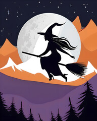A witch on a broom at night against the background of the moon and mountains. Scary, gloomy mood