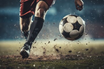 Naklejka premium Unrecognizable soccer player hit the ball. AI generated