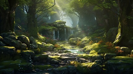 An enchanted woodland glade, with moss-covered boulders and dappled sunlight filtering through.