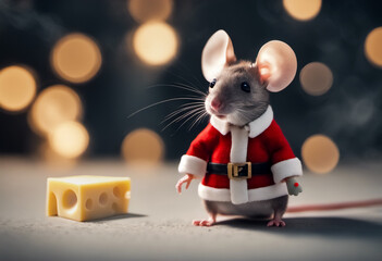Il topino in abiti di Babbo Natale con formaggio - obrazy, fototapety, plakaty