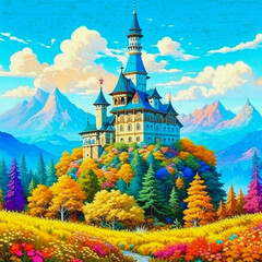 Blue and beige castle in the forest, colorful flowers, green  trees, background mountains, created with Generative AI technology