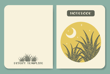 Notebook cover template minimalist night cacti desert design. Personal organizer.