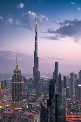 Futuristic Dubai skyline at dusk, United Arab Emirates (UAE).