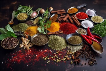 Herbs and spices for cooking on dark background, copy space, generative ai