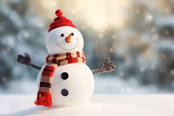 Naklejka na ściany i meble Happy Christmas snowman background in winter snow scene with blurred background