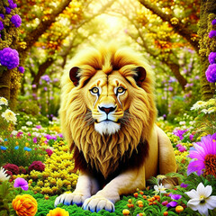 Lion in the beautiful and colorful forest, created with Generative AI technology