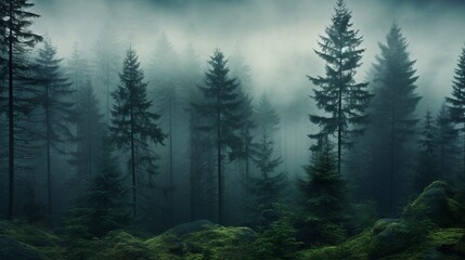 A dense fog settling over a serene pine forest, imparting an air of mystery.