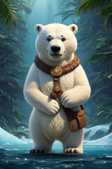 A polar bear on the ice with its sling bag, created with Generative AI technology