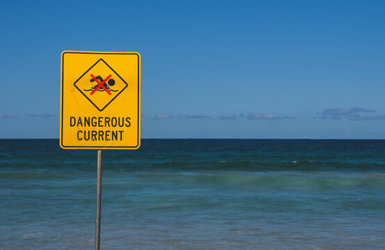 Warning sign for swimmers to beware dangerous currents, Manly Beach, Sydney