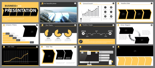 Starting a business project presentation template. Design yellow elements for presentation on white background. Vector infographic. Use in flyers and postcards, advertising annual report, technologies