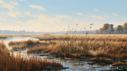 Obraz na płótnie Canvas A marshland with tall reeds swaying gracefully with the zephyrs.