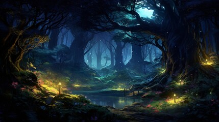 A secluded grove illuminated by bioluminescent flora under a canopy of stars.